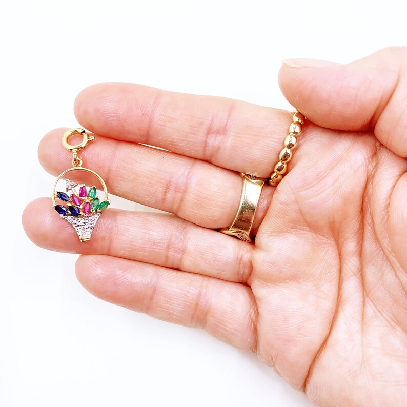 Vintage 10k Gold Flower Basket Charm, 10K Dainty Flower Pendant