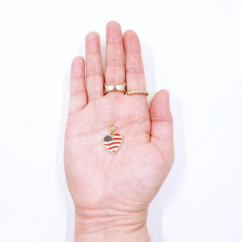 Estate 14K Enamel Heart Flag Pendant, 14K God Bless America Charm, Patriotic Jewelry