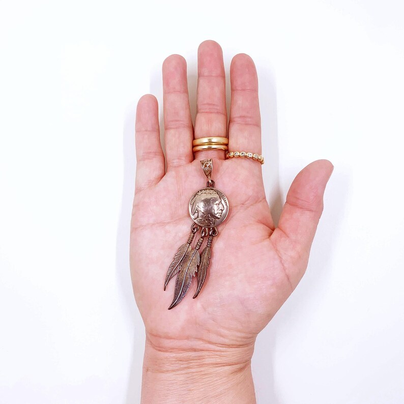 Vintage 1937 Buffalo Nickel and Feather Pendant
