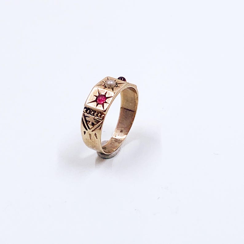 Victorian 10k Gold Baby Ring with Seed Pearl and Red Stones