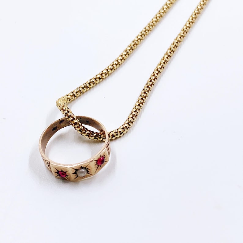 Victorian 10k Gold Baby Ring with Seed Pearl and Red Stones