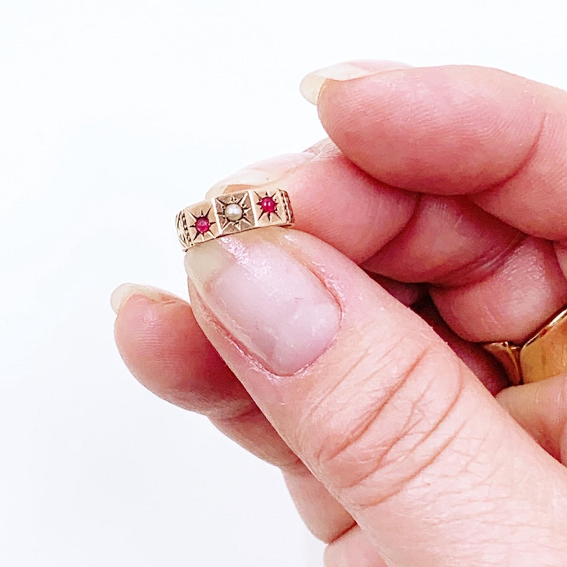Victorian 10k Gold Baby Ring with Seed Pearl and Red Stones