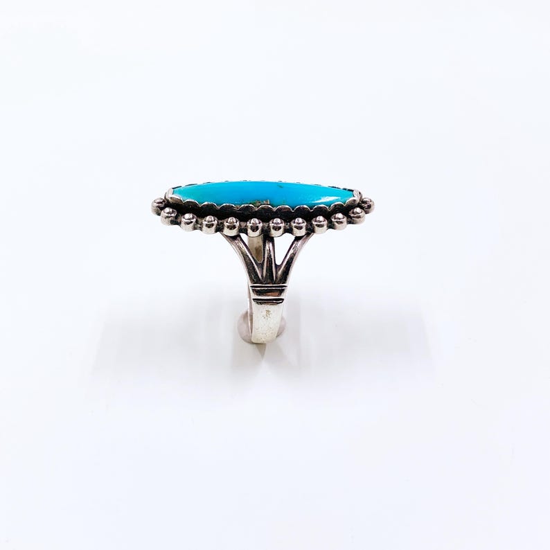 Vintage Sterling Southwest Turquoise Navette Ring, Size 8 Ring