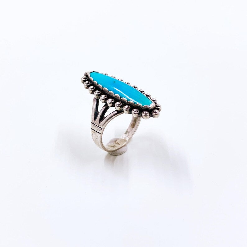 Vintage Sterling Southwest Turquoise Navette Ring, Size 8 Ring