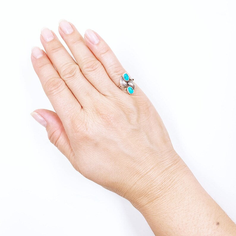 Vintage Sterling Turquoise Leaf Ring, Size 4 3/4 Ring