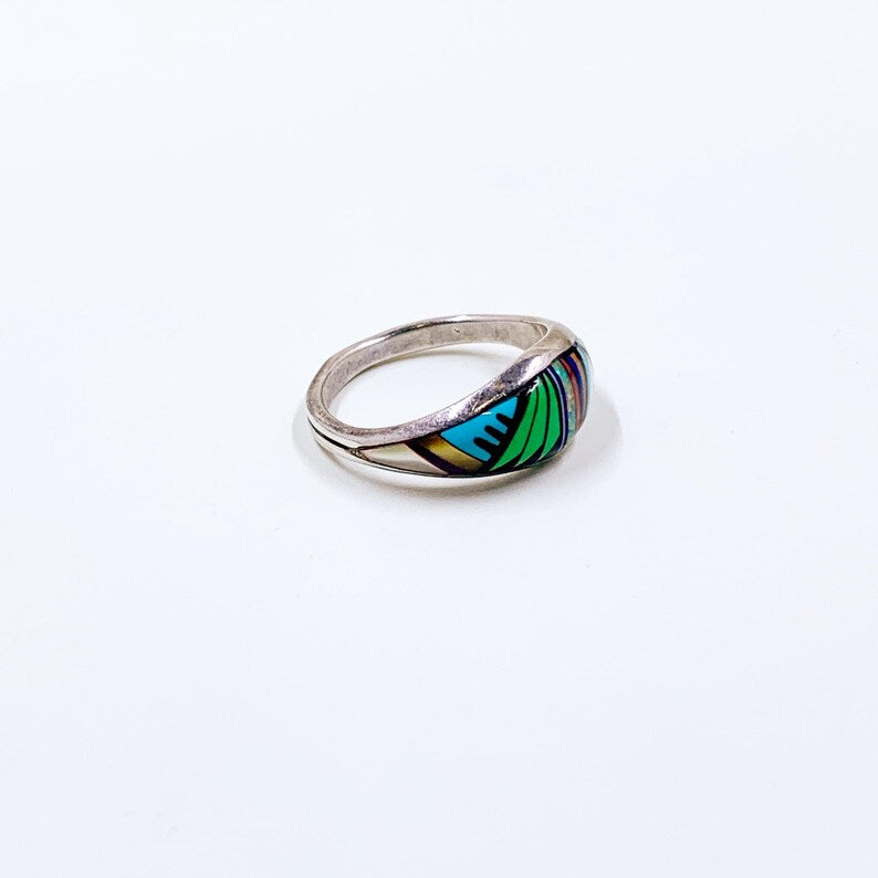 Vintage Sterling Multi Gemstone Inlay Ring, Southwest Inlay Ring, Size 9 1/4 Ring