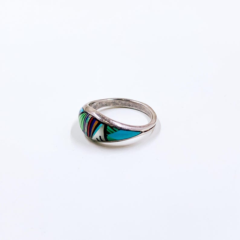 Vintage Sterling Multi Gemstone Inlay Ring, Southwest Inlay Ring, Size 9 1/4 Ring