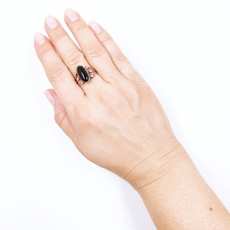 Vintage Sterling Southwest Onyx Ring, Size 6 3/4 Ring