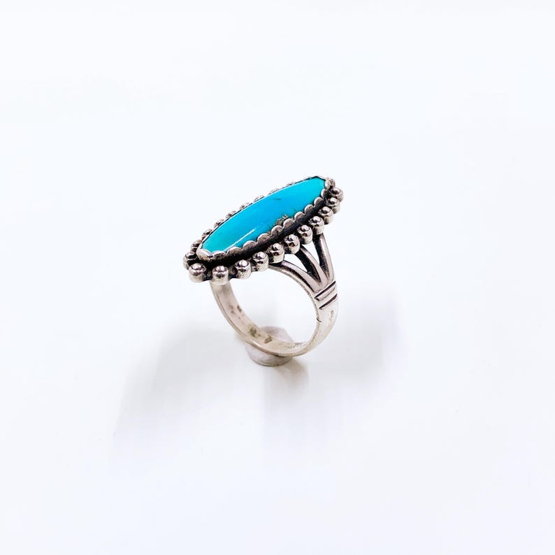 Vintage Sterling Southwest Turquoise Navette Ring, Size 8 Ring