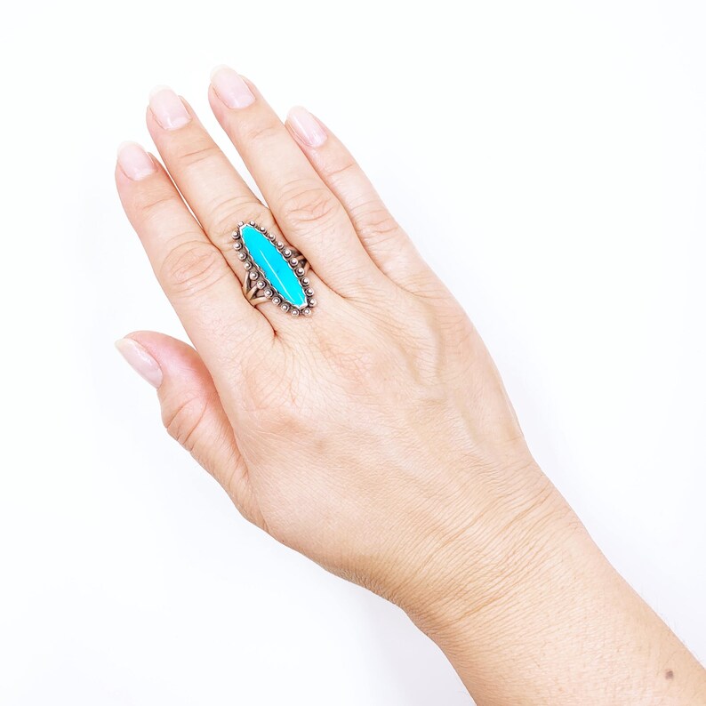 Vintage Sterling Southwest Turquoise Navette Ring, Size 8 Ring
