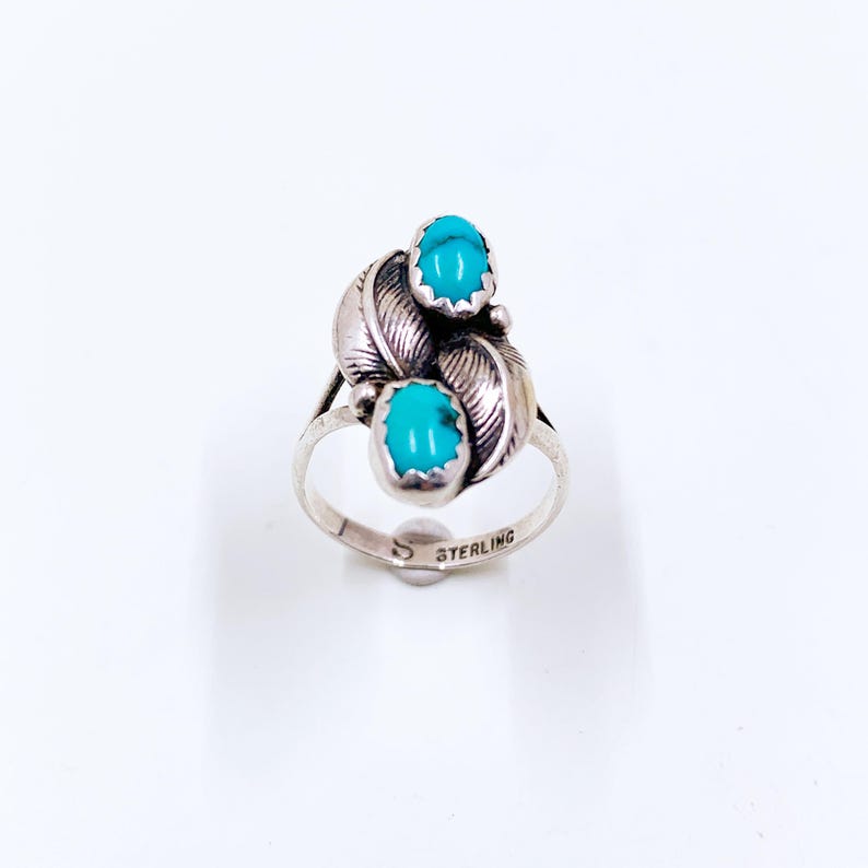 Vintage Sterling Turquoise Leaf Ring, Size 4 3/4 Ring