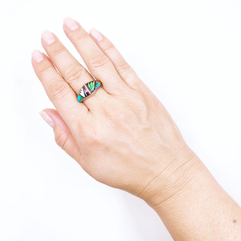 Vintage Sterling Multi Gemstone Inlay Ring, Southwest Inlay Ring, Size 9 1/4 Ring