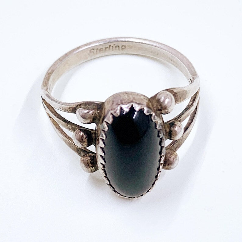 Vintage Sterling Southwest Onyx Ring, Size 6 3/4 Ring