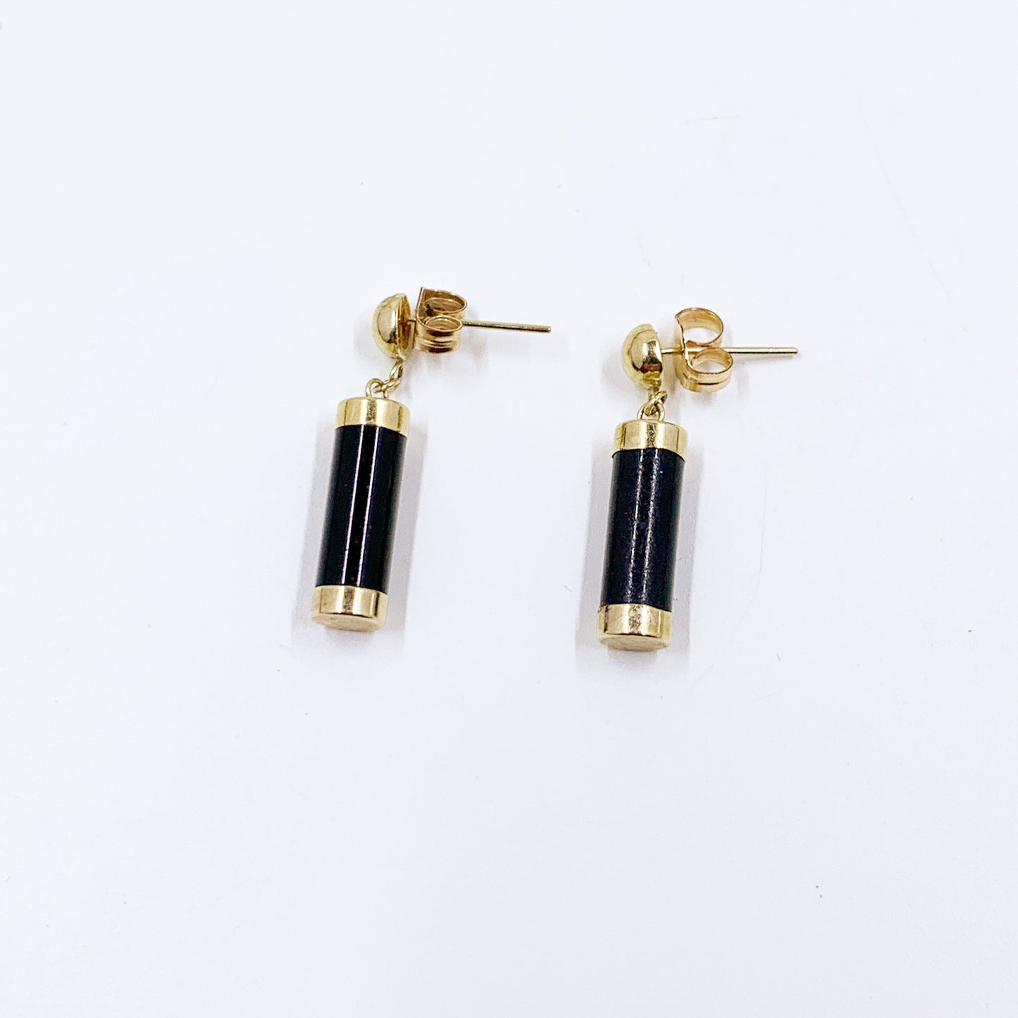 Estate 10K Gold Onyx Barrel Drop Earrings | Dangle Black Onyx Earrings