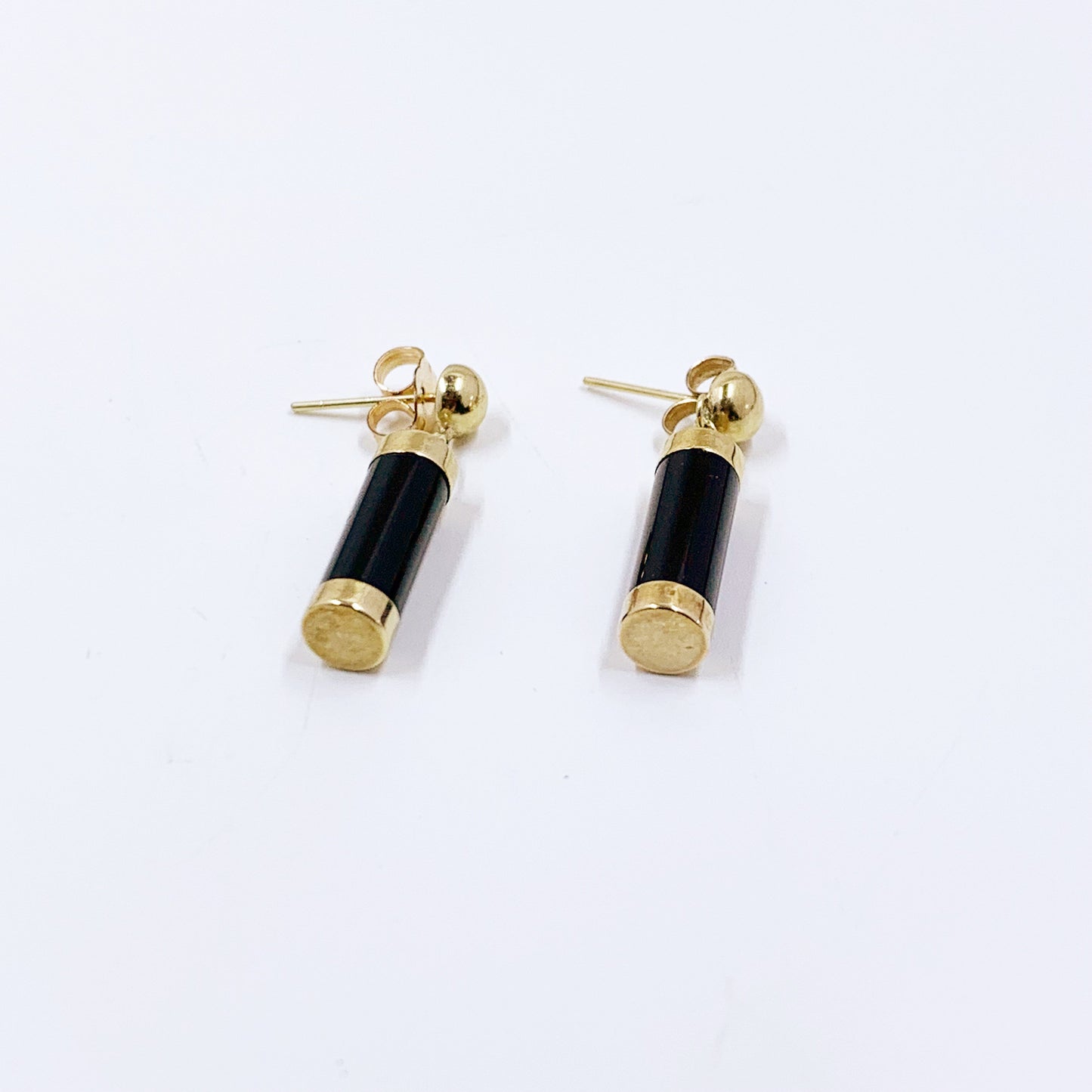Estate 10K Gold Onyx Barrel Drop Earrings | Dangle Black Onyx Earrings