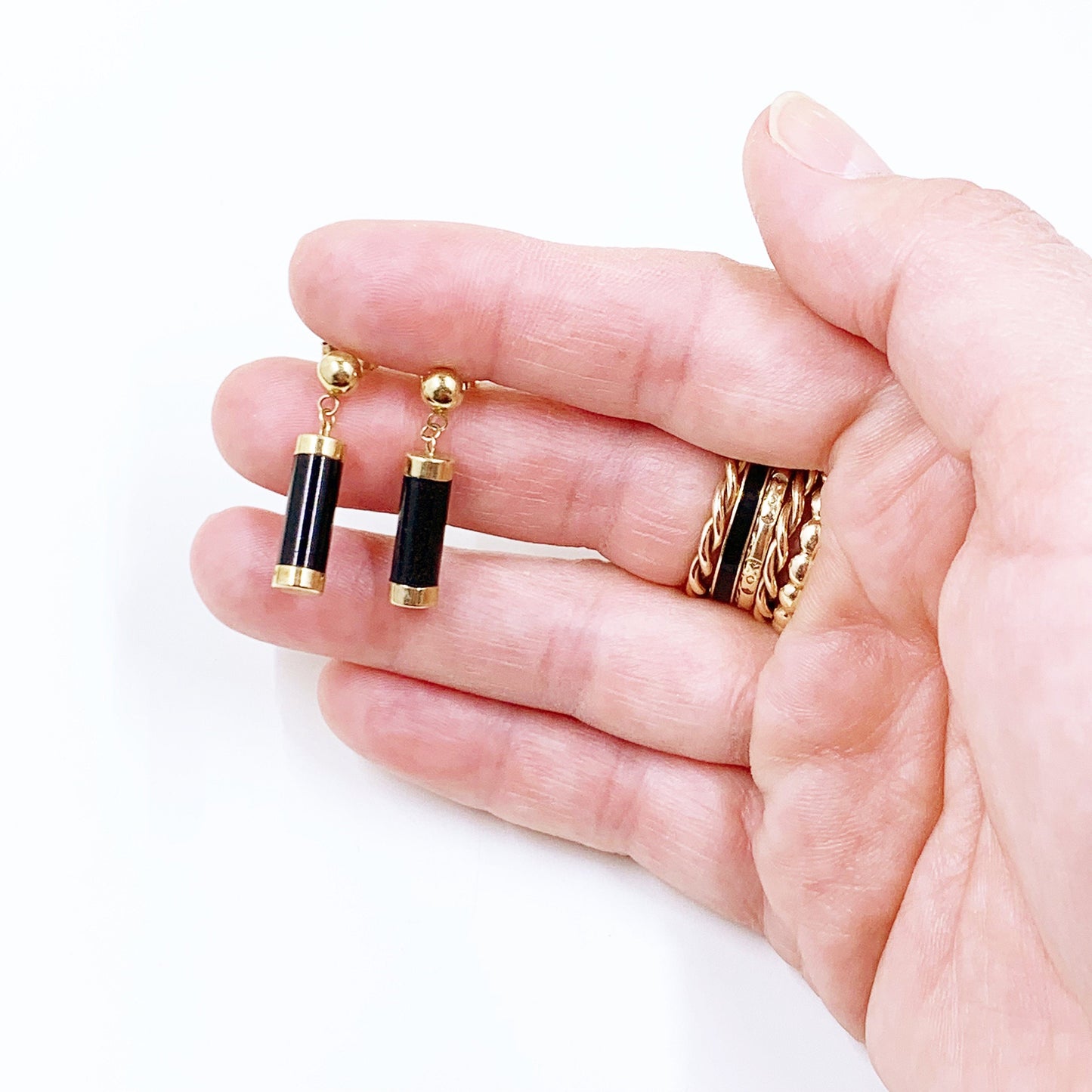 Estate 10K Gold Onyx Barrel Drop Earrings | Dangle Black Onyx Earrings