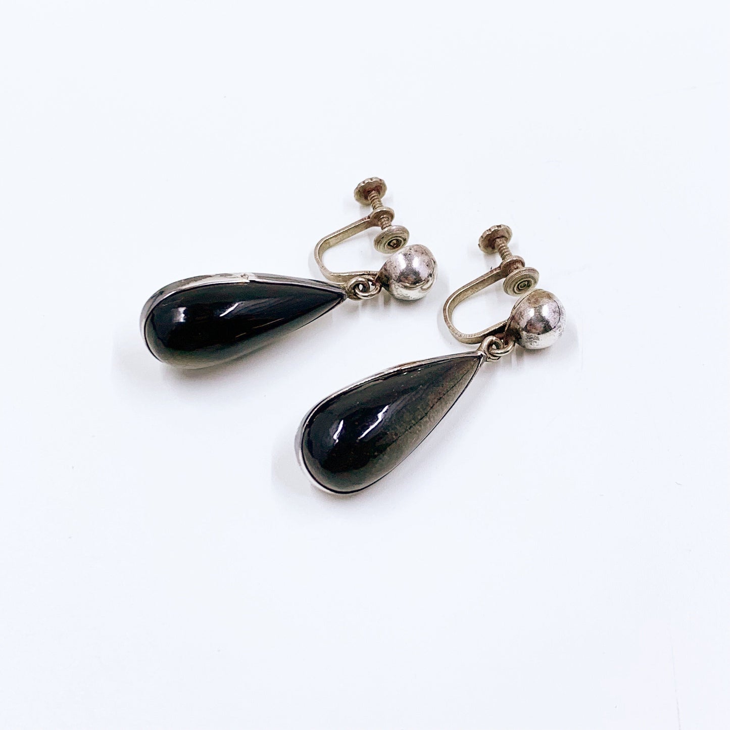 Vintage Mexican Silver Cat's Eye Earrings | Mexican Silver Modernist Galindo Screw Back Earrings