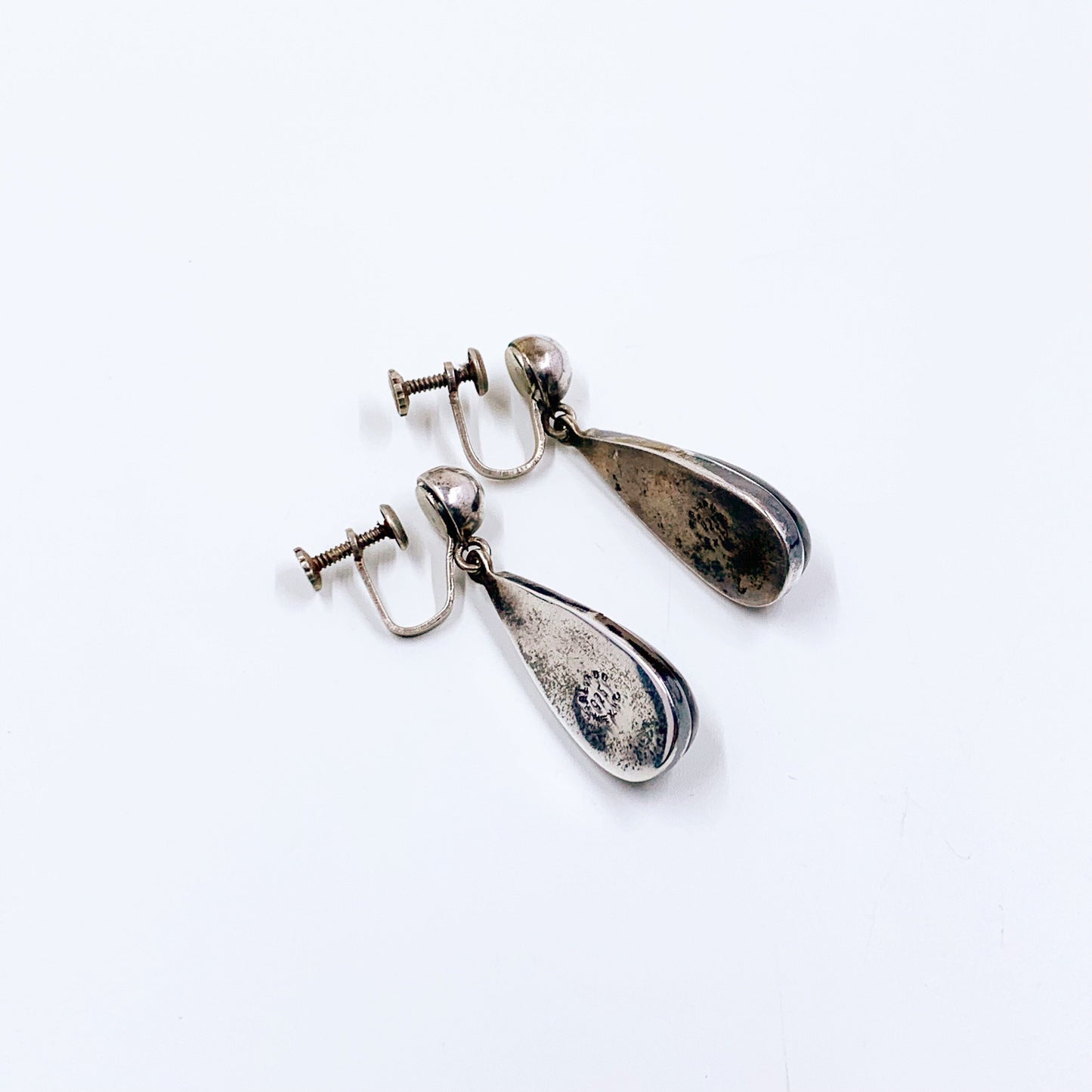 Vintage Mexican Silver Cat's Eye Earrings | Mexican Silver Modernist Galindo Screw Back Earrings