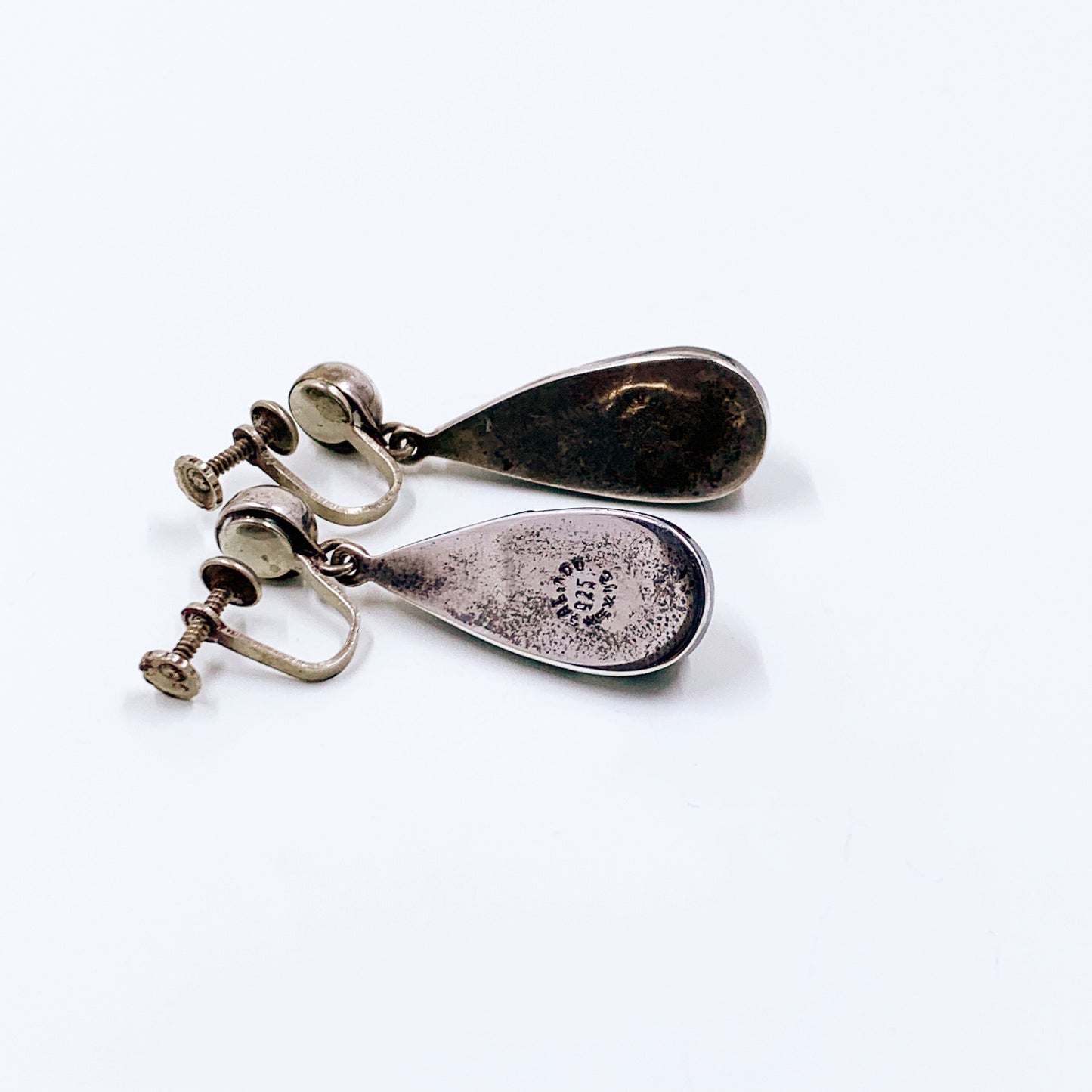 Vintage Mexican Silver Cat's Eye Earrings | Mexican Silver Modernist Galindo Screw Back Earrings