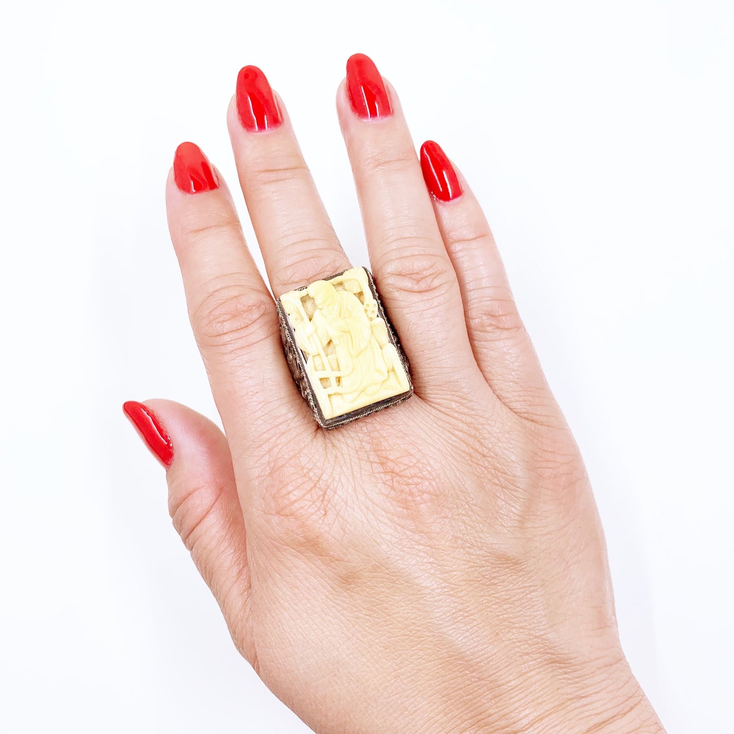 Vintage Chinese Export Silver Carved Bone Ring | Scholar Carving | US Size 9 Ring
