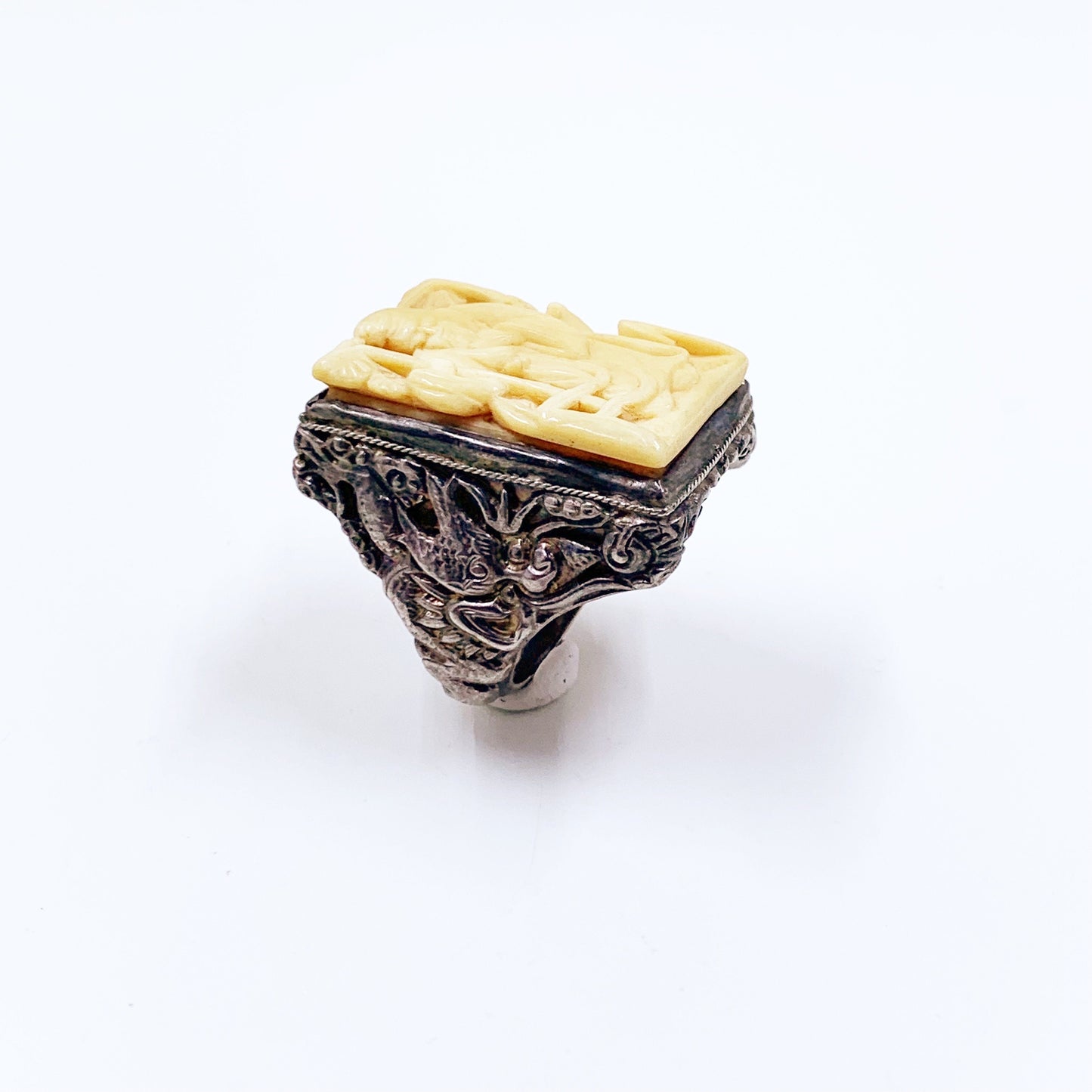 Vintage Chinese Export Silver Carved Bone Ring | Scholar Carving | US Size 9 Ring