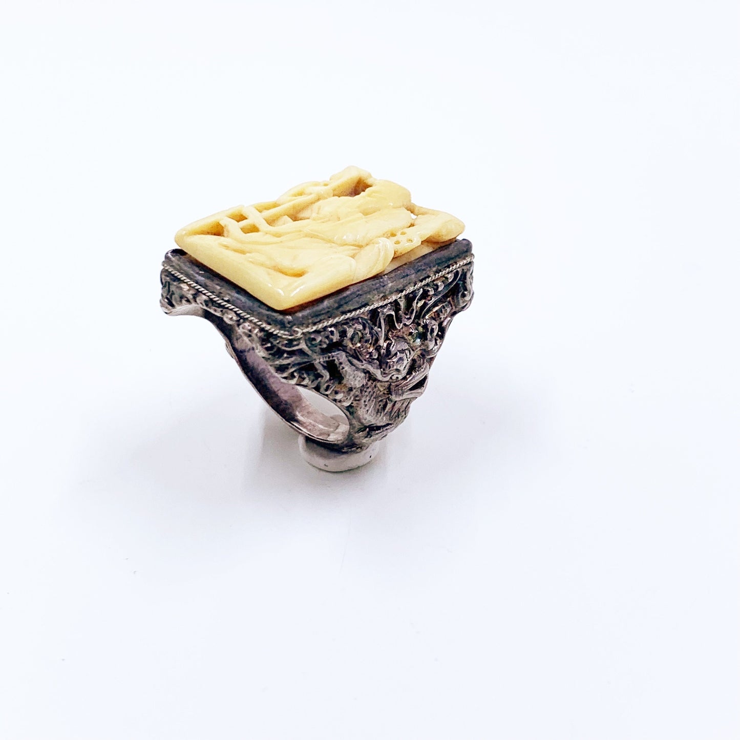 Vintage Chinese Export Silver Carved Bone Ring | Scholar Carving | US Size 9 Ring