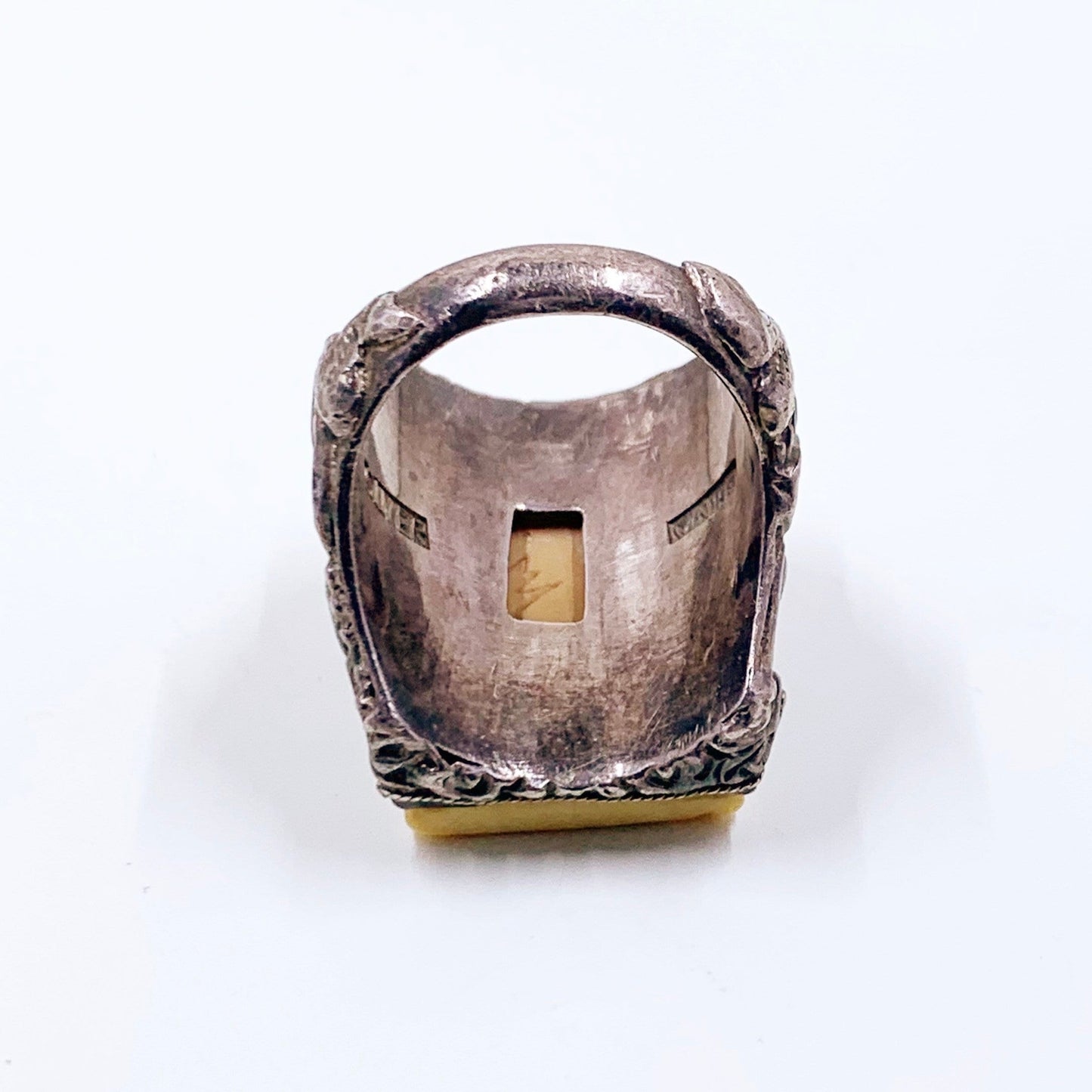 Vintage Chinese Export Silver Carved Bone Ring | Scholar Carving | US Size 9 Ring