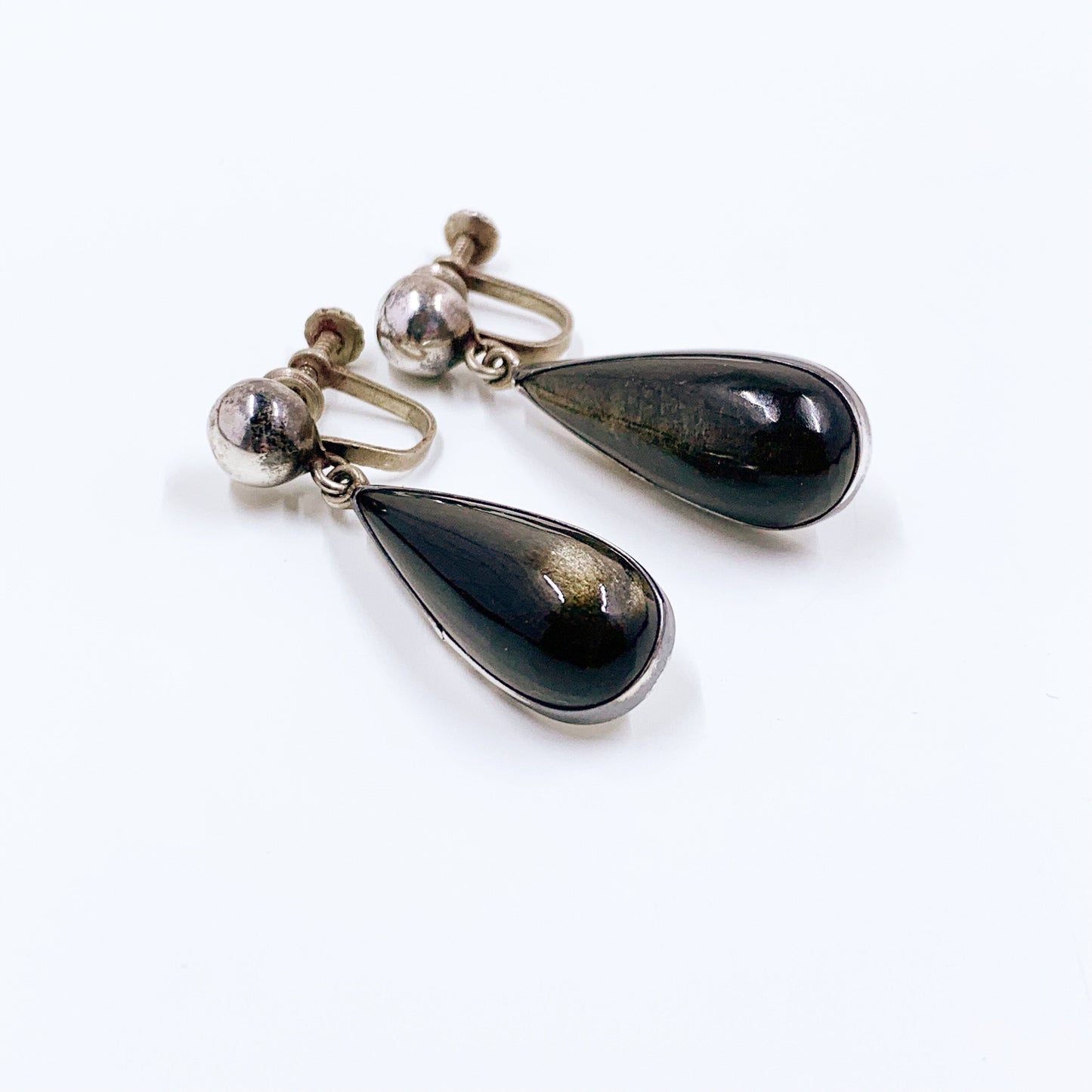 Vintage Mexican Silver Cat's Eye Earrings | Mexican Silver Modernist Galindo Screw Back Earrings