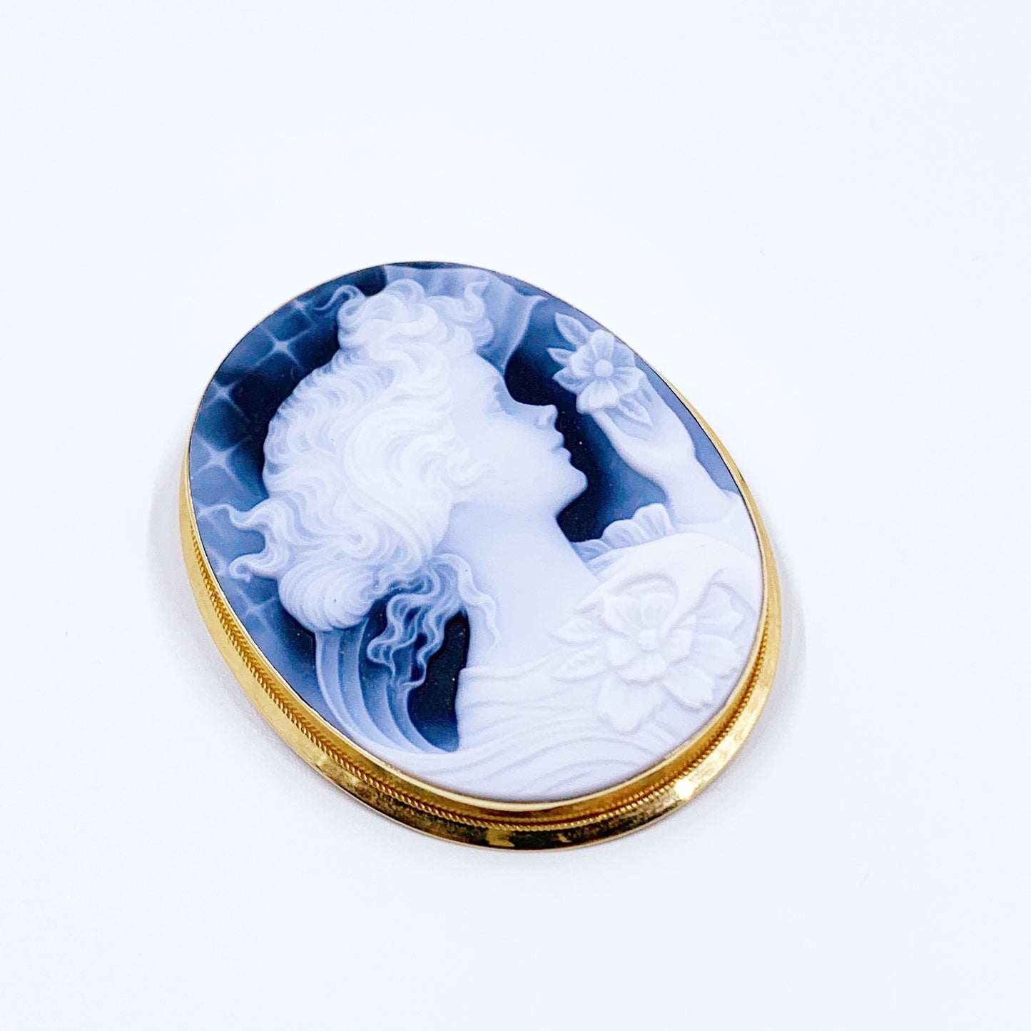 Estate 18K Gold Italian Blue Agate Cameo Brooch | Large 18K Gold Carved Cameo Brooch