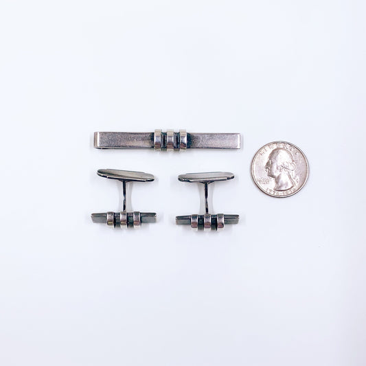 Vintage Eiler & Marloe Sterling Silver Link Cufflinks and Tie Bar | Modernist Sterling Denmark