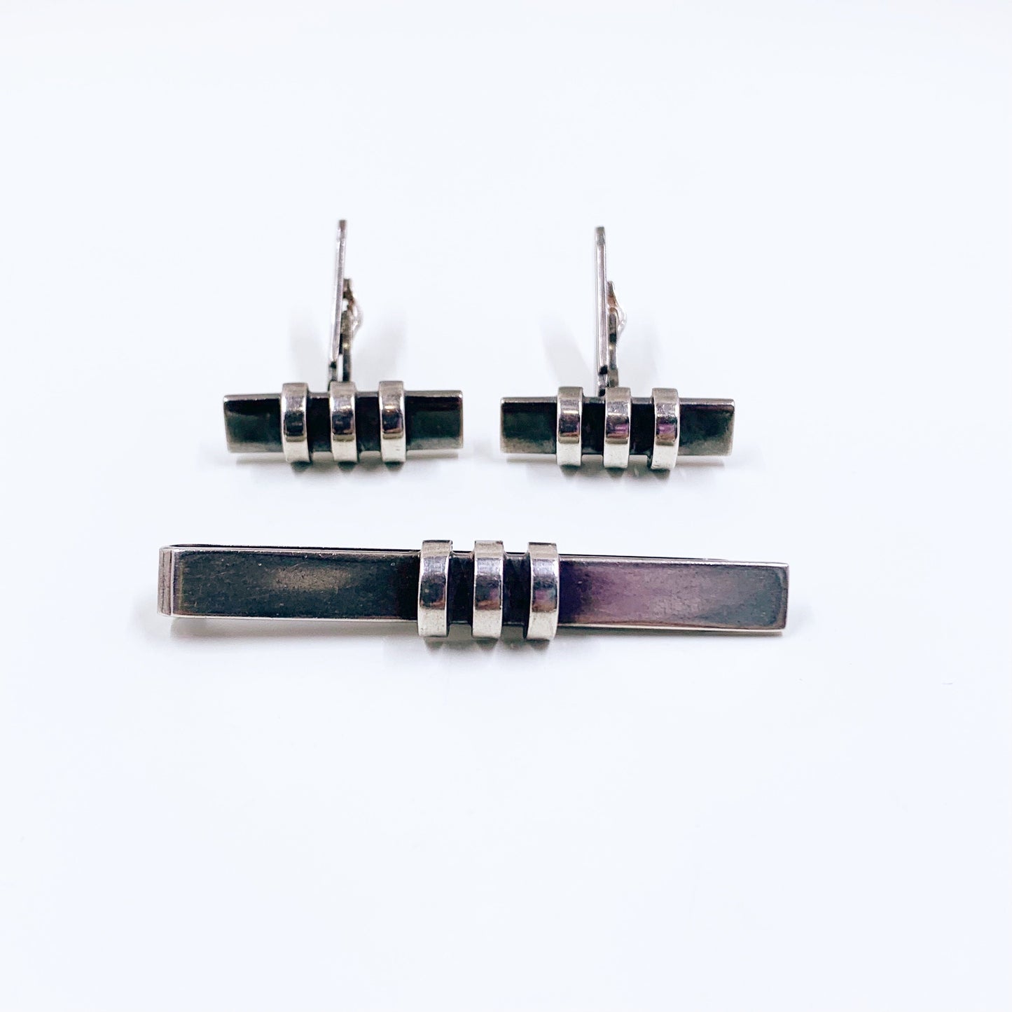 Vintage Eiler & Marloe Sterling Silver Link Cufflinks and Tie Bar | Modernist Sterling Denmark