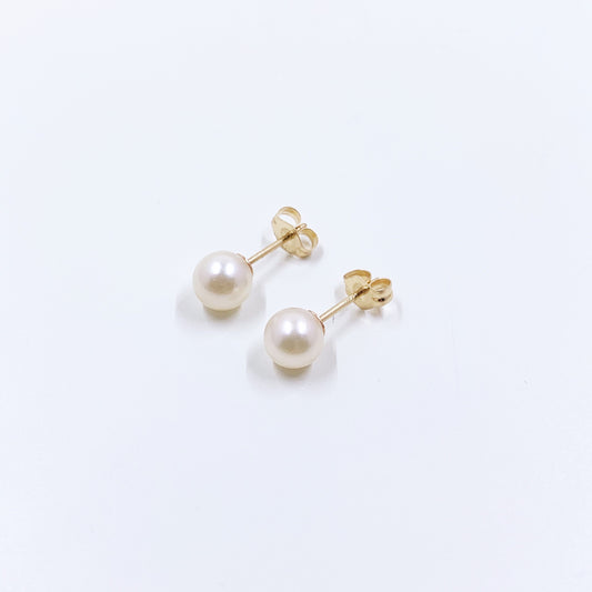 Vintage 14K Classic Pearl Stud Earrings, Everyday White Pearl Earrings, 6mm Pearl Studs