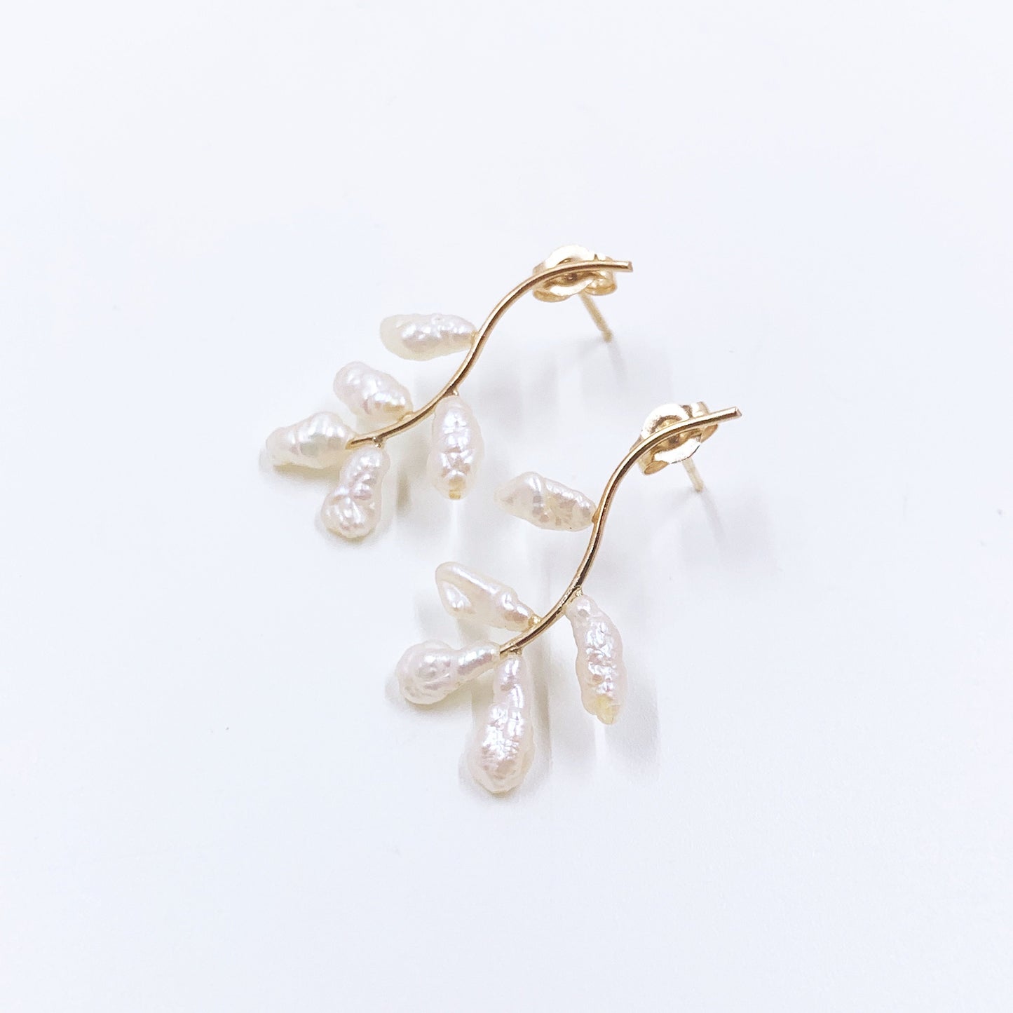 Vintage 14K Gold Pearl Branch Earrings | Delicate Baroque White Pearl Studs