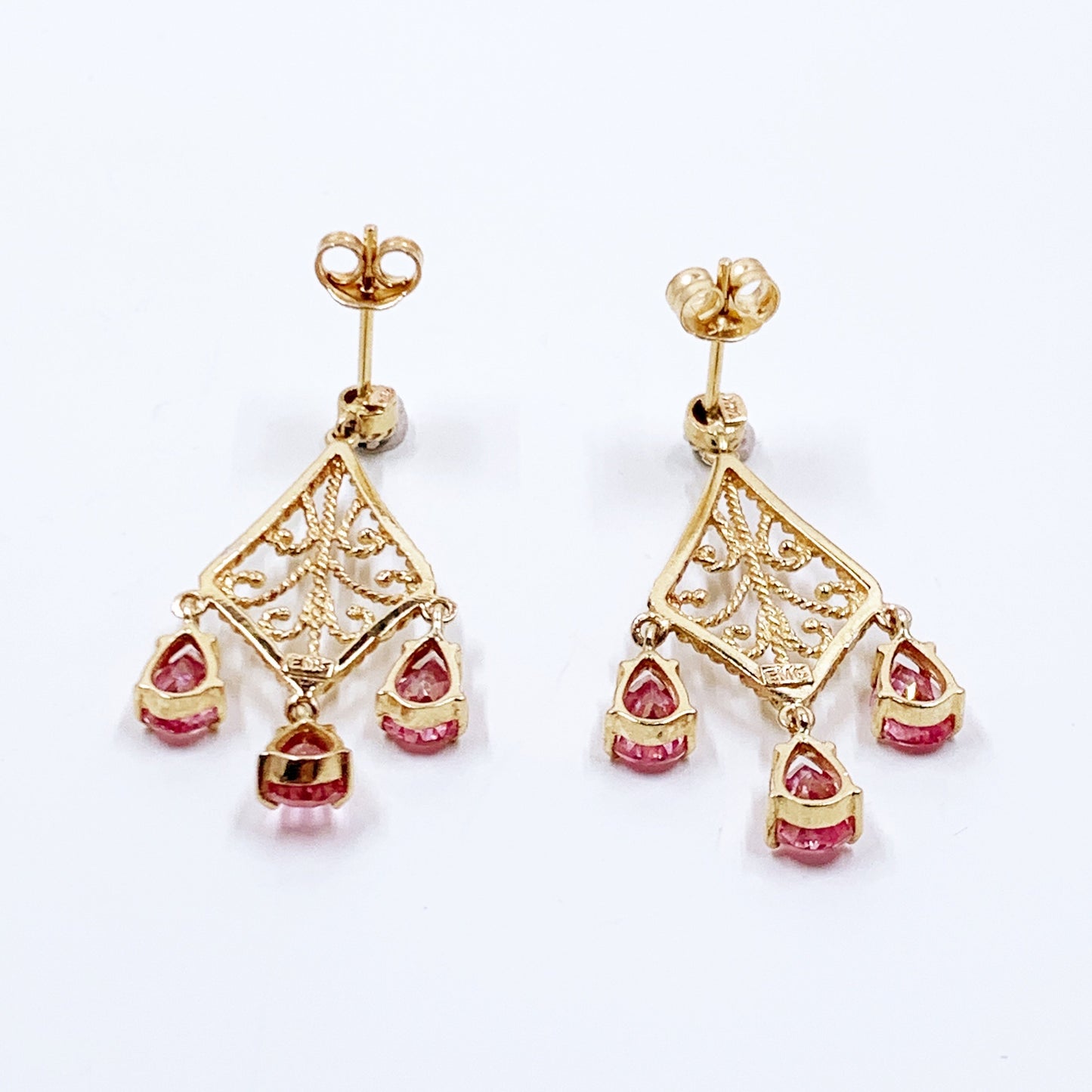 Vintage 14k Gold Filigree Pink Stone Dangle Earrings | 14K Gold Floral Filigree Earrings