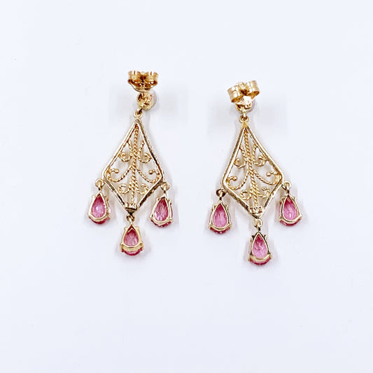 Vintage 14k Gold Filigree Pink Stone Dangle Earrings | 14K Gold Floral Filigree Earrings