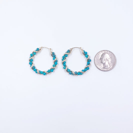 14K Yellow Gold Beaded Twisted Hoop Earrings, Estate 14K Gold Blue Bead Hoop Earrings