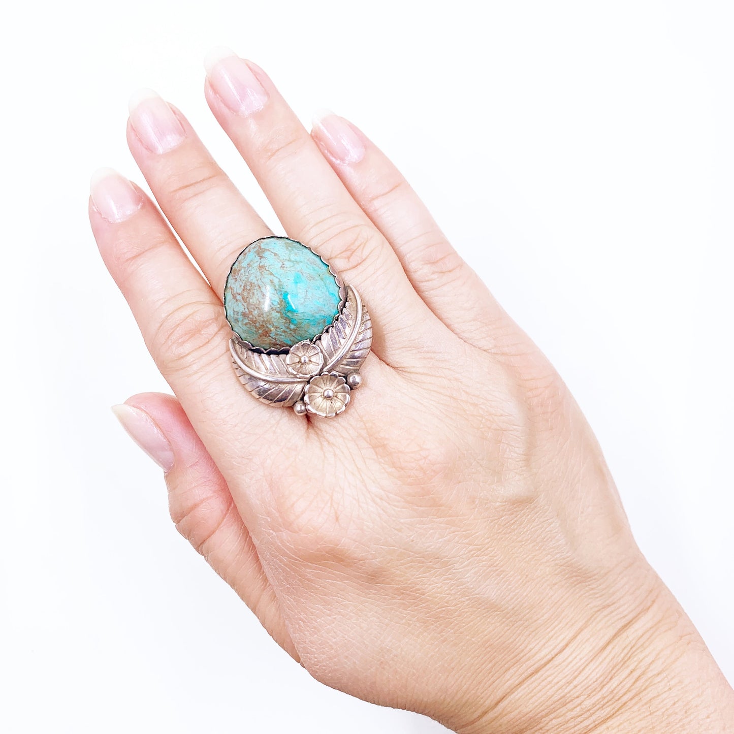 Vintage Sterling Turquoise Flower and Leaf Ring, Size 9 Ring