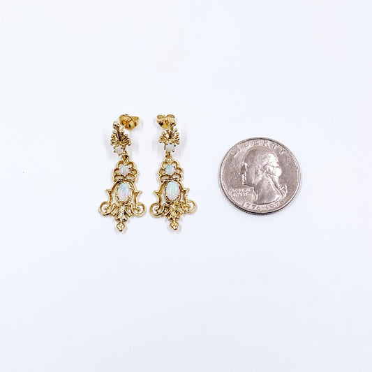Vintage Ornate 14K Opal Filigree Drop Earrings, October Birthstone