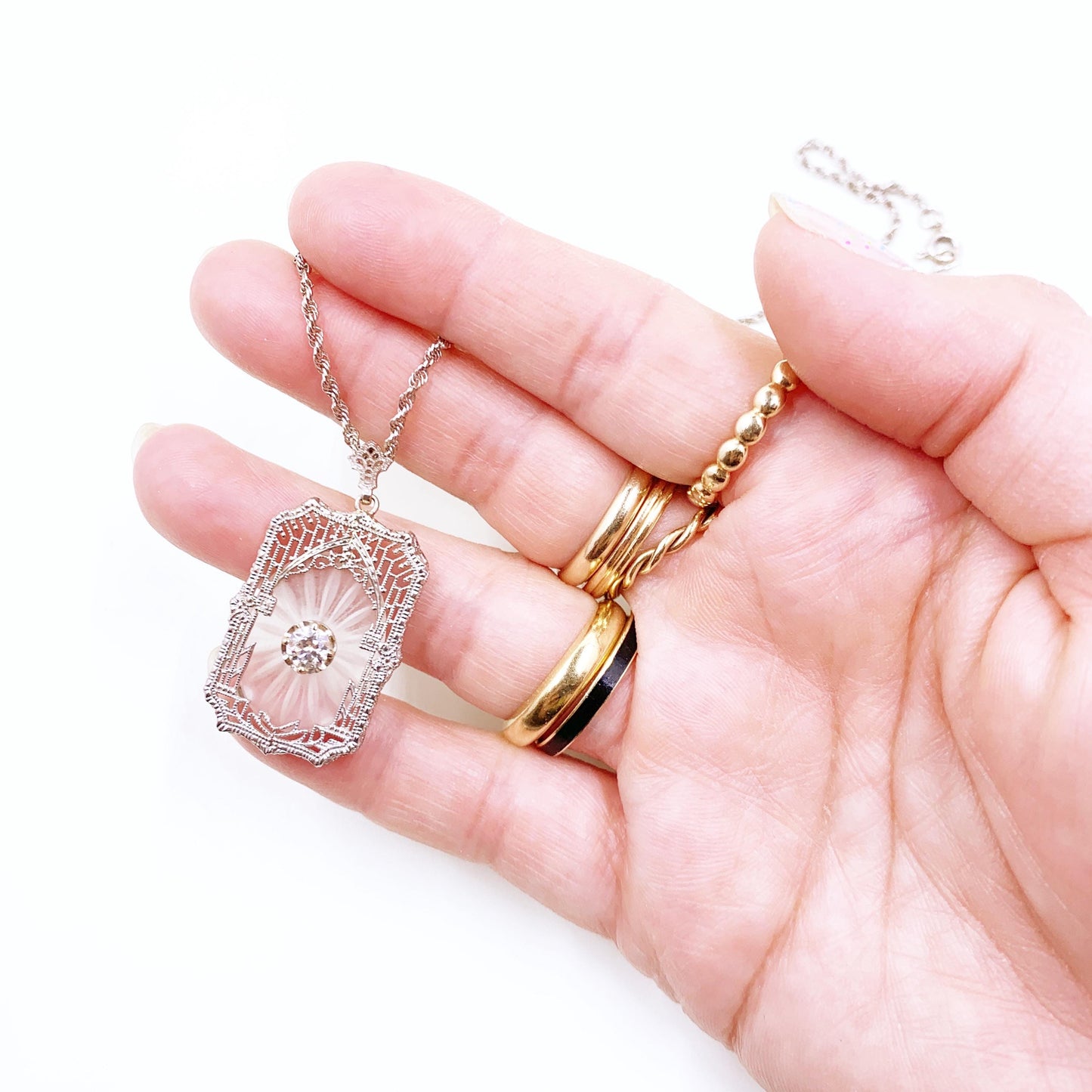Art Deco 10K Camphor Glass and Diamond Filigree Pendant on 14k Chain, Made by Esemco