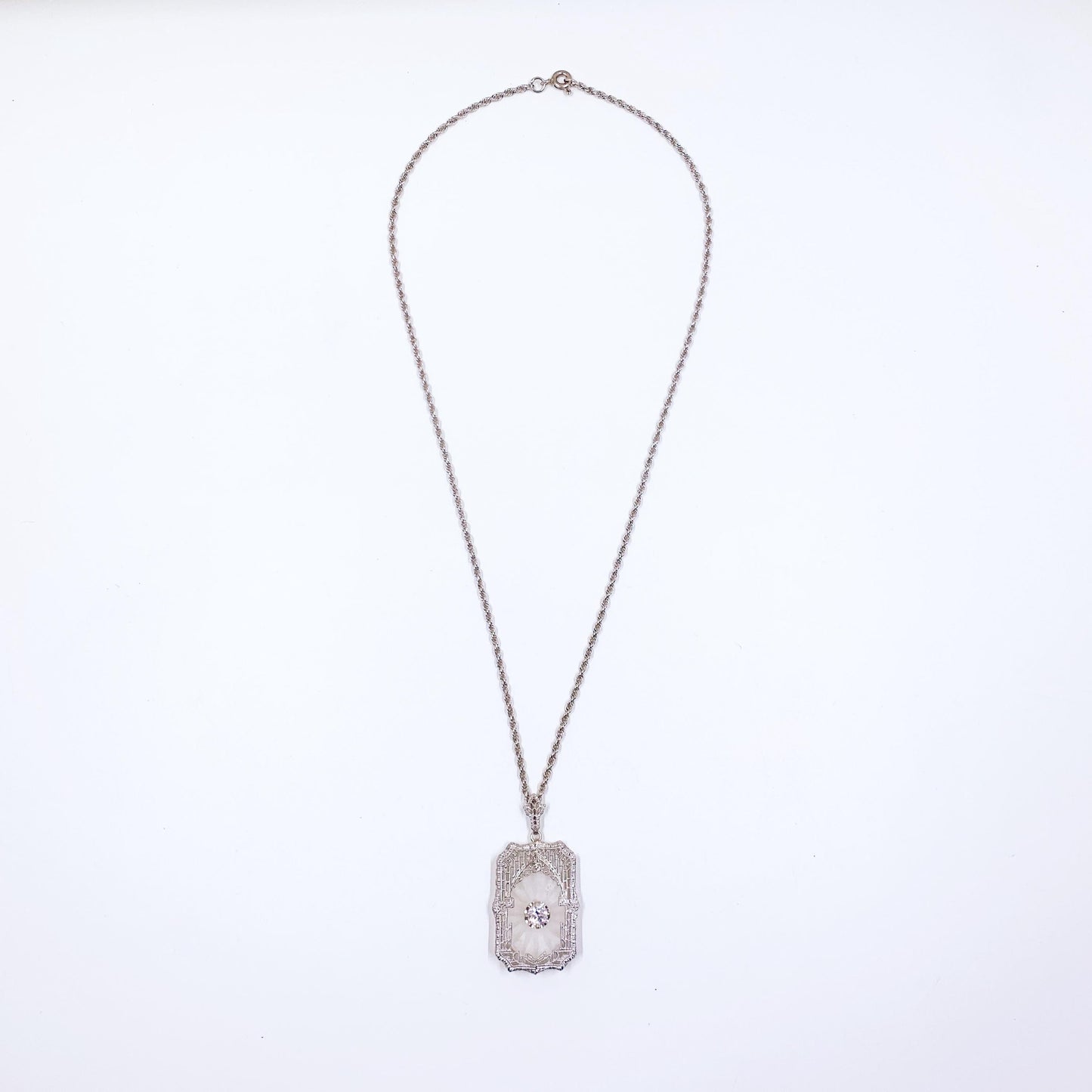 Art Deco 10K Camphor Glass and Diamond Filigree Pendant on 14k Chain, Made by Esemco