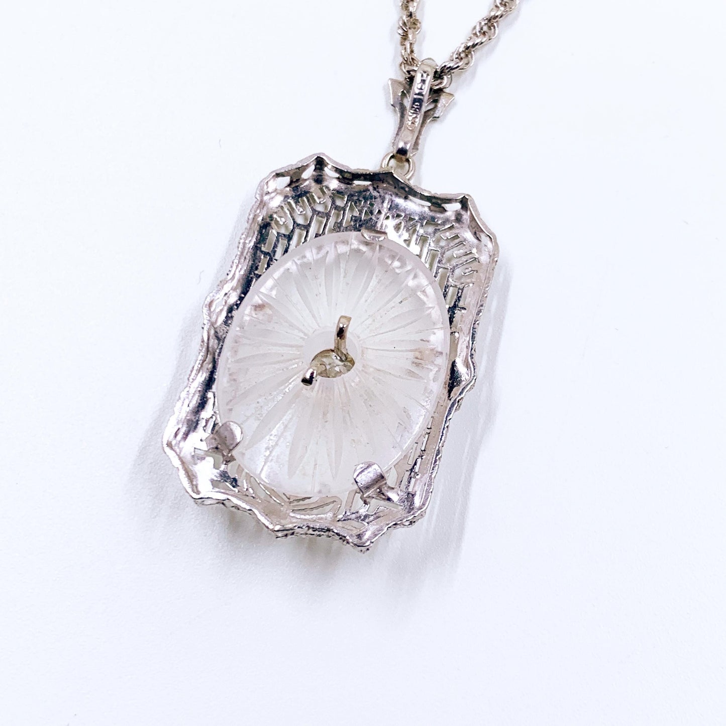 Art Deco 10K Camphor Glass and Diamond Filigree Pendant on 14k Chain, Made by Esemco
