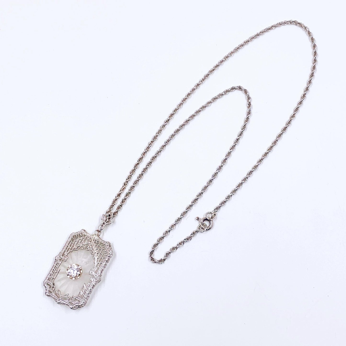 Art Deco 10K Camphor Glass and Diamond Filigree Pendant on 14k Chain, Made by Esemco