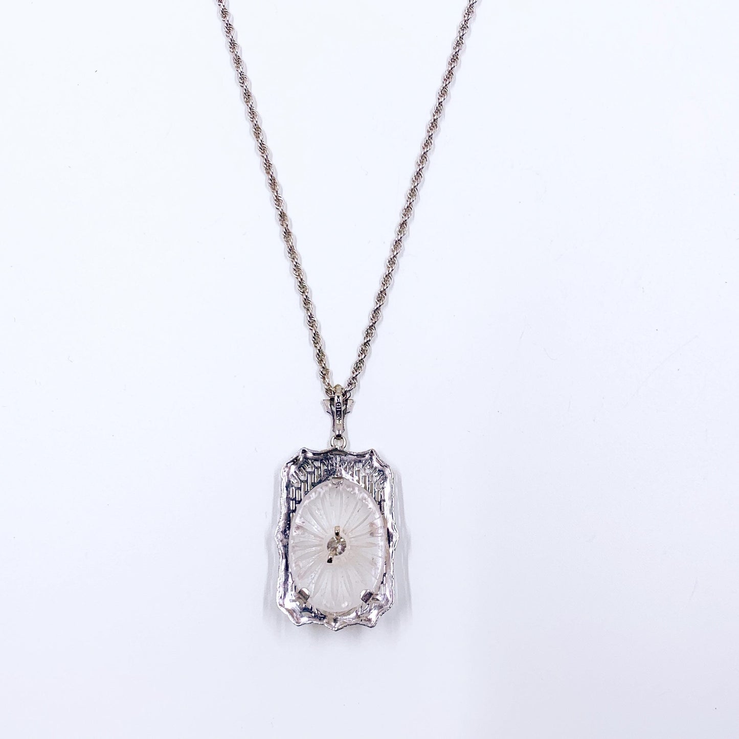Art Deco 10K Camphor Glass and Diamond Filigree Pendant on 14k Chain, Made by Esemco