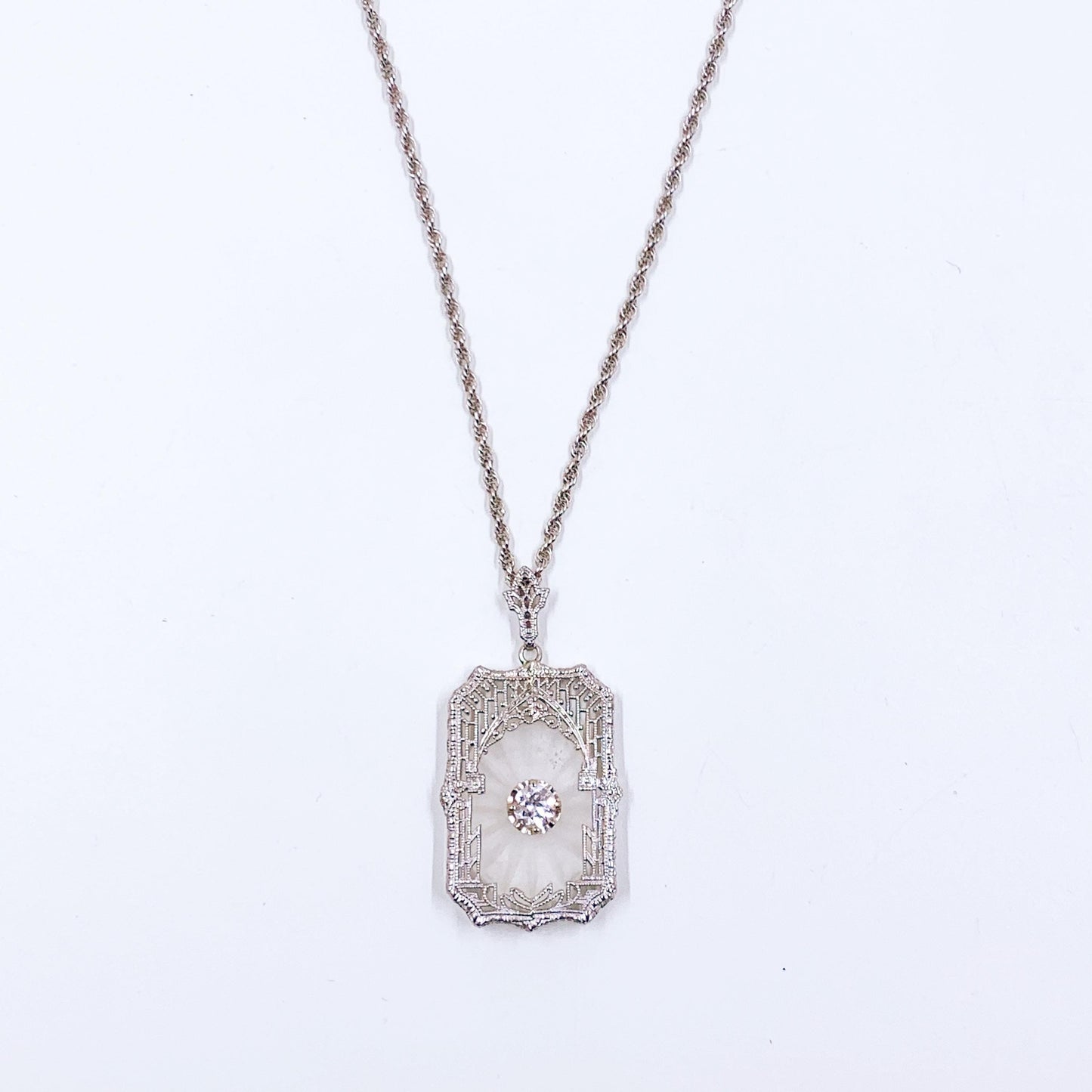 Art Deco 10K Camphor Glass and Diamond Filigree Pendant on 14k Chain, Made by Esemco