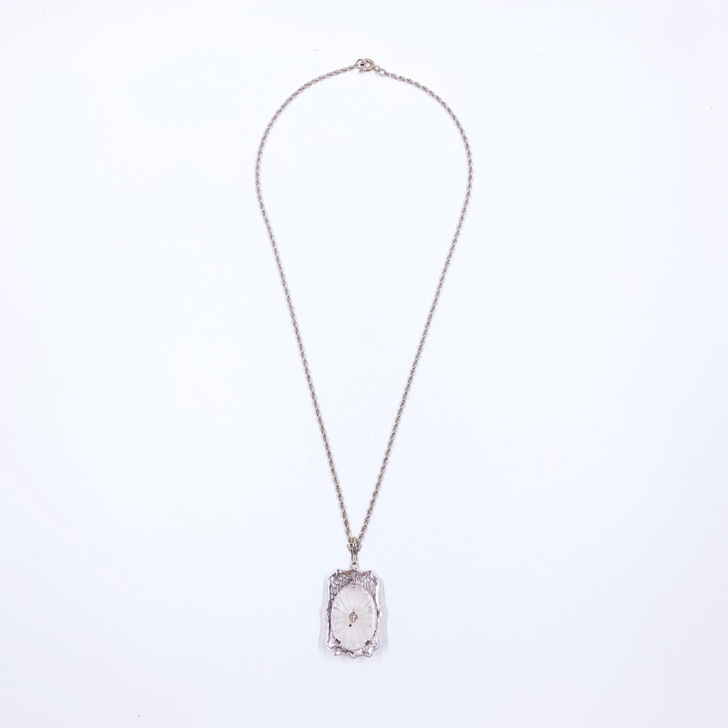 Art Deco 10K Camphor Glass and Diamond Filigree Pendant on 14k Chain, Made by Esemco