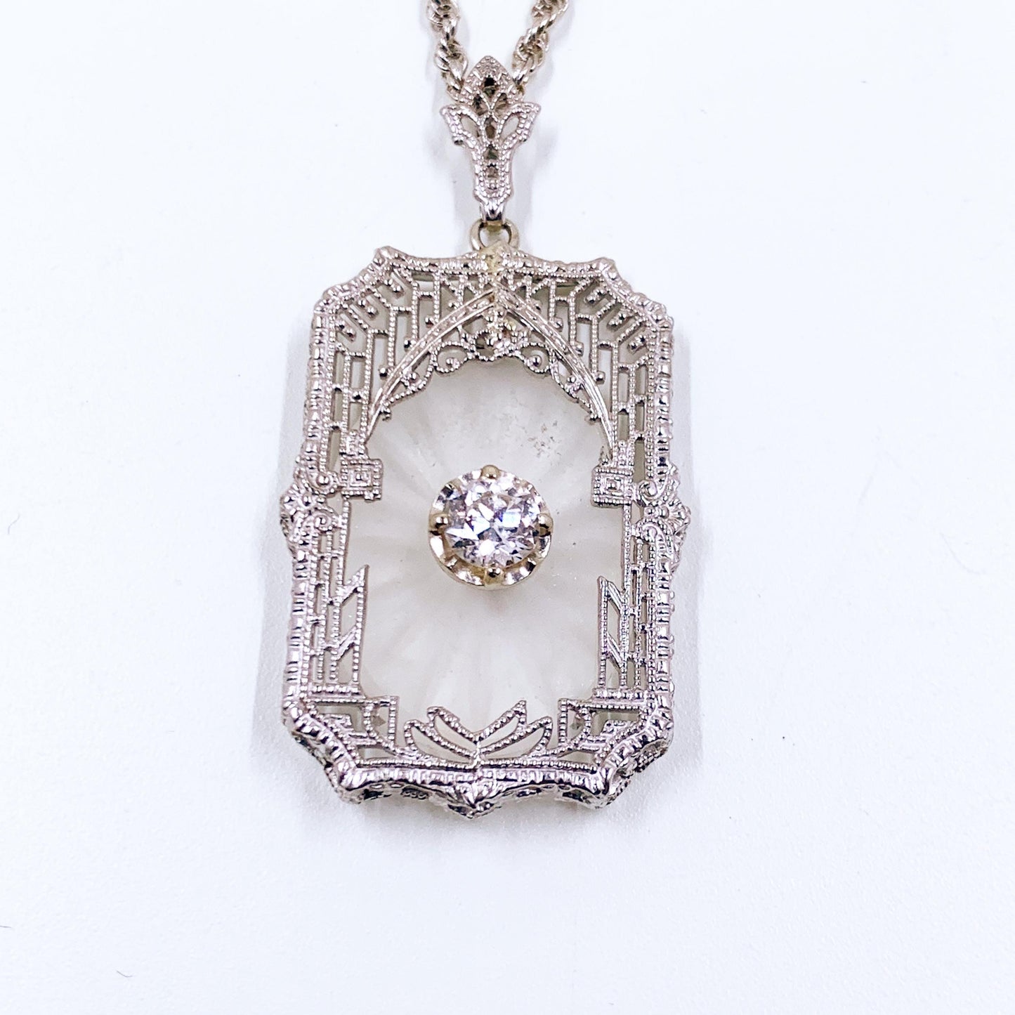 Art Deco 10K Camphor Glass and Diamond Filigree Pendant on 14k Chain, Made by Esemco