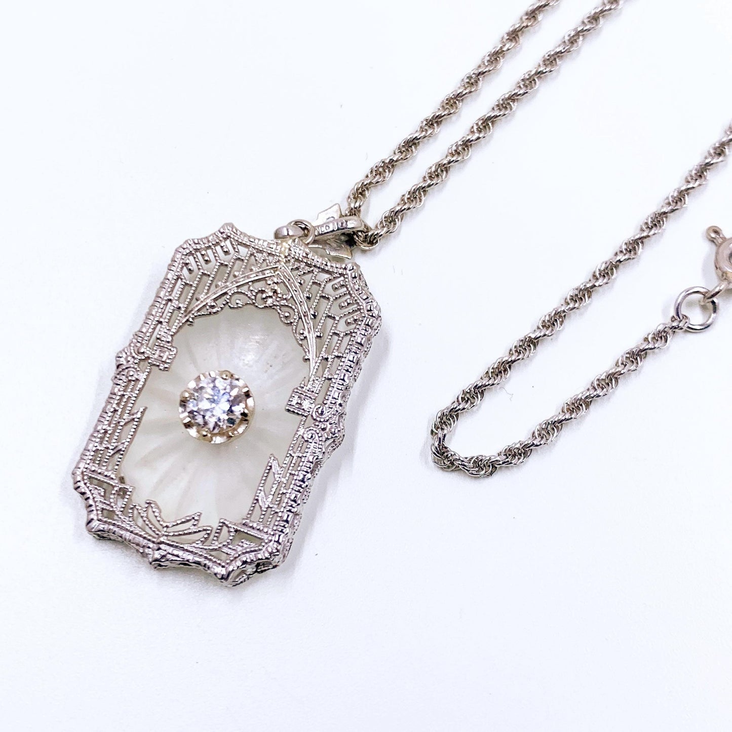 Art Deco 10K Camphor Glass and Diamond Filigree Pendant on 14k Chain, Made by Esemco