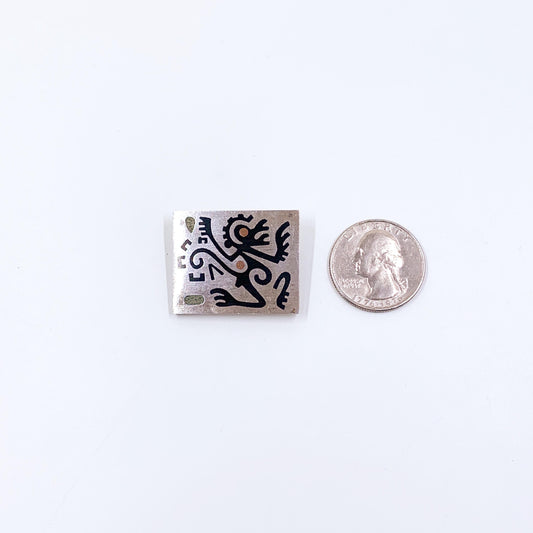 Vintage Mexican Inlay H. Arriaca Aztec Monkey Brooch, Mexican Silver Mixed Metal Modernist Brooch