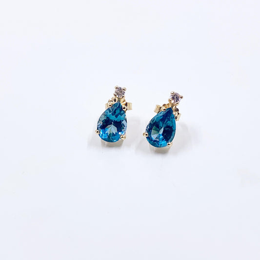 Vintage 14k Gold Blue Topaz & Sapphire Tear Drop Stud Earrings