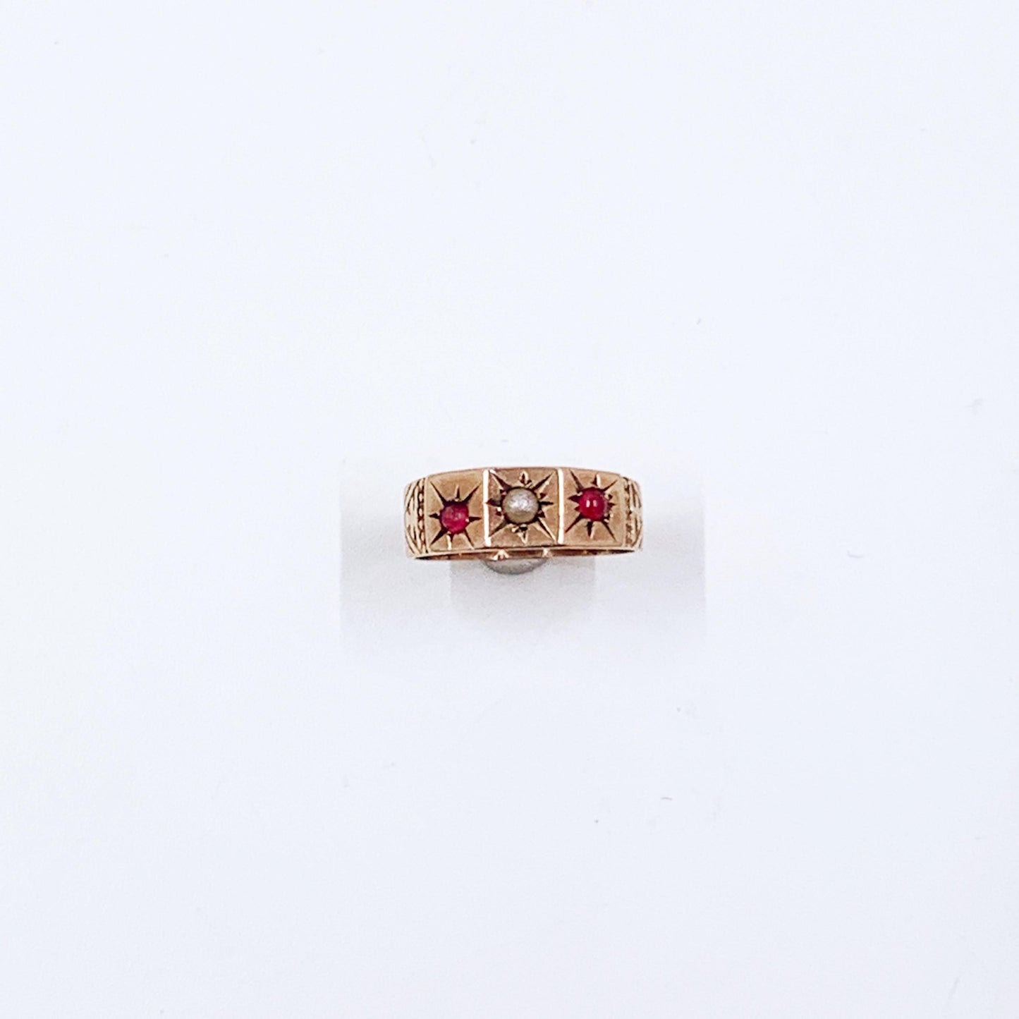 Victorian 10k Gold Baby Ring with Seed Pearl and Red Stones